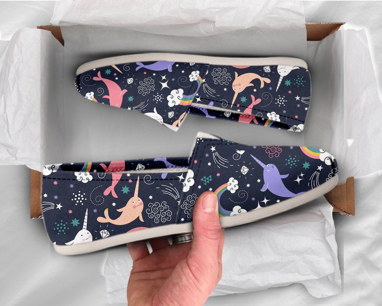 Space Narwhal Shoes Womens Shoes Cute Shoes Canvas Women Shoes Girls Slip Ons Casual Shoes Narwhal Gifts Narwhal Pattern Print