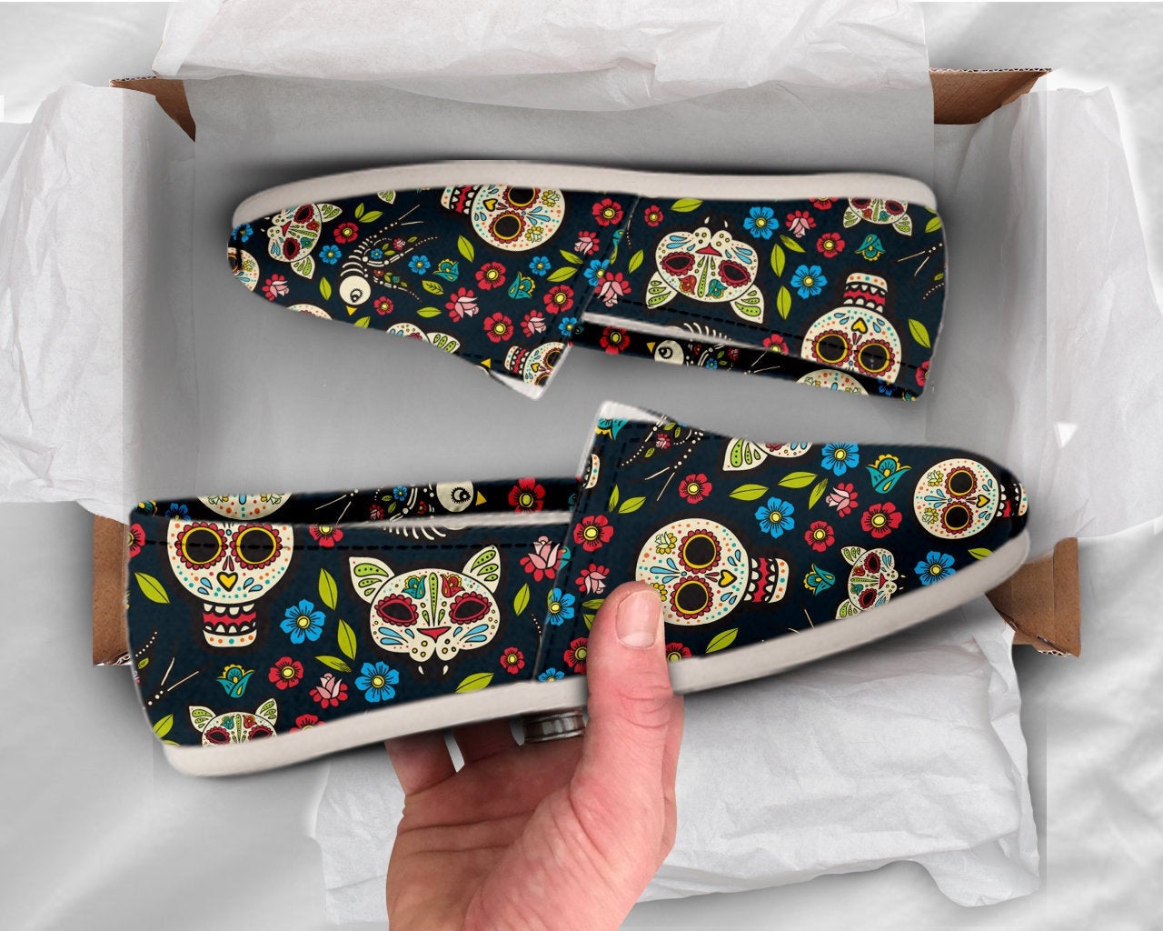 Sugar Skull Shoes Cat Skull Womens Shoes Goth Shoes Canvas Women Shoes Girls Slip Ons Casual Shoes Skull Gifts Cat Skull Print