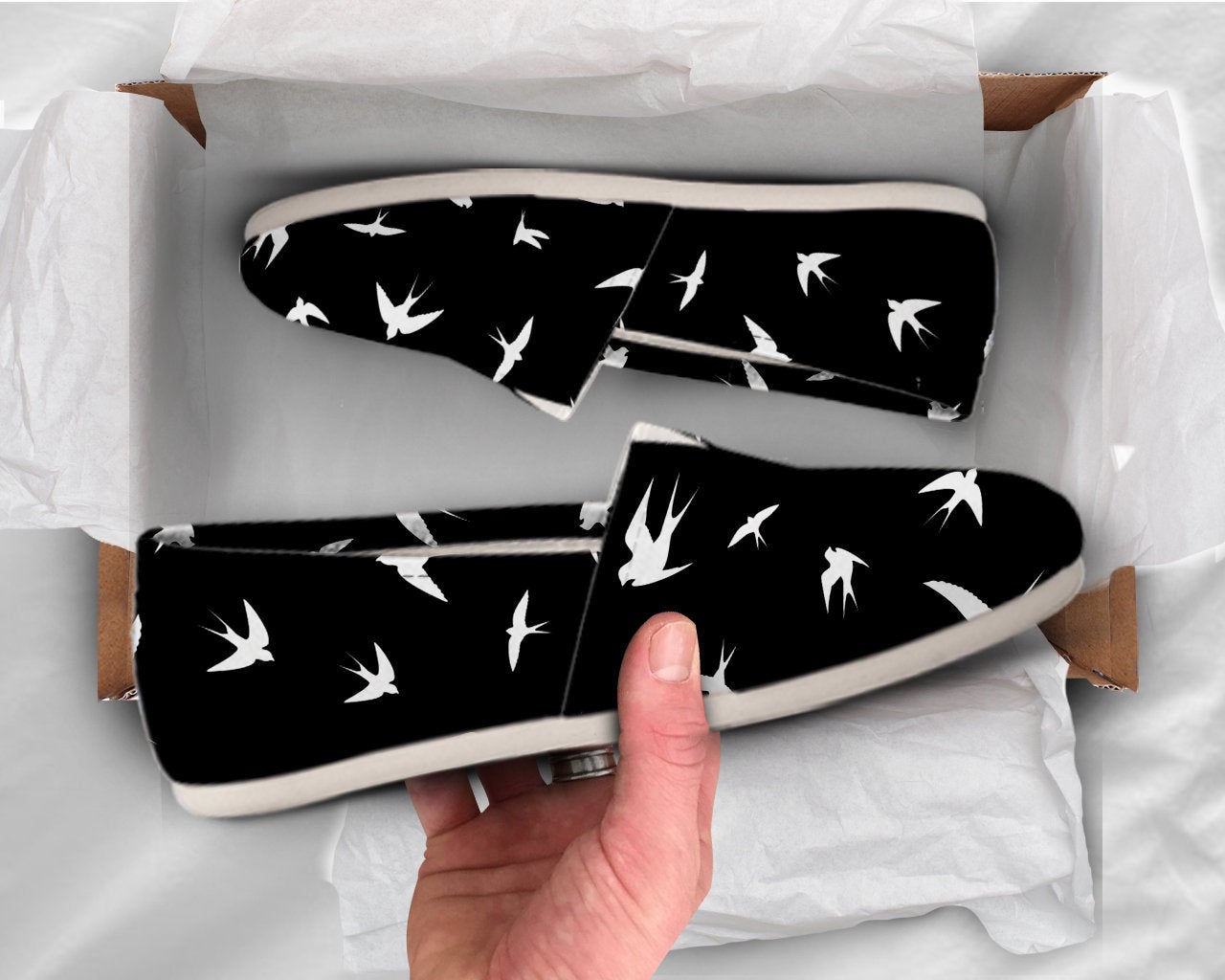 Swallow Print Shoes Womens Shoes Cute Shoes Canvas Womens Flst Shoes Girls Slip Ons Casual Shoes Swallow Black & White Shoes